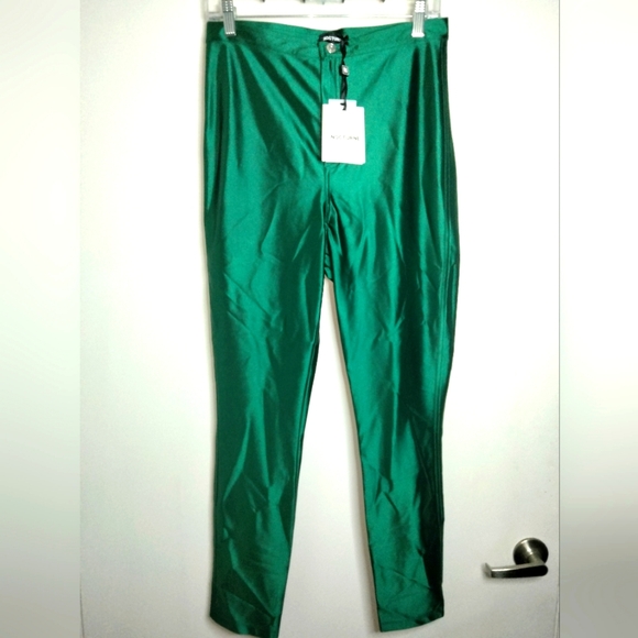 Nocturne (Size 44) Green Stretch Satin Texture High Waist Disco Pants (NEW-NWT) - Picture 1 of 12